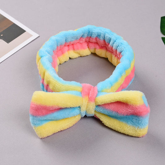 Fleece Striped Headband with Bow for Makeup and Skincare