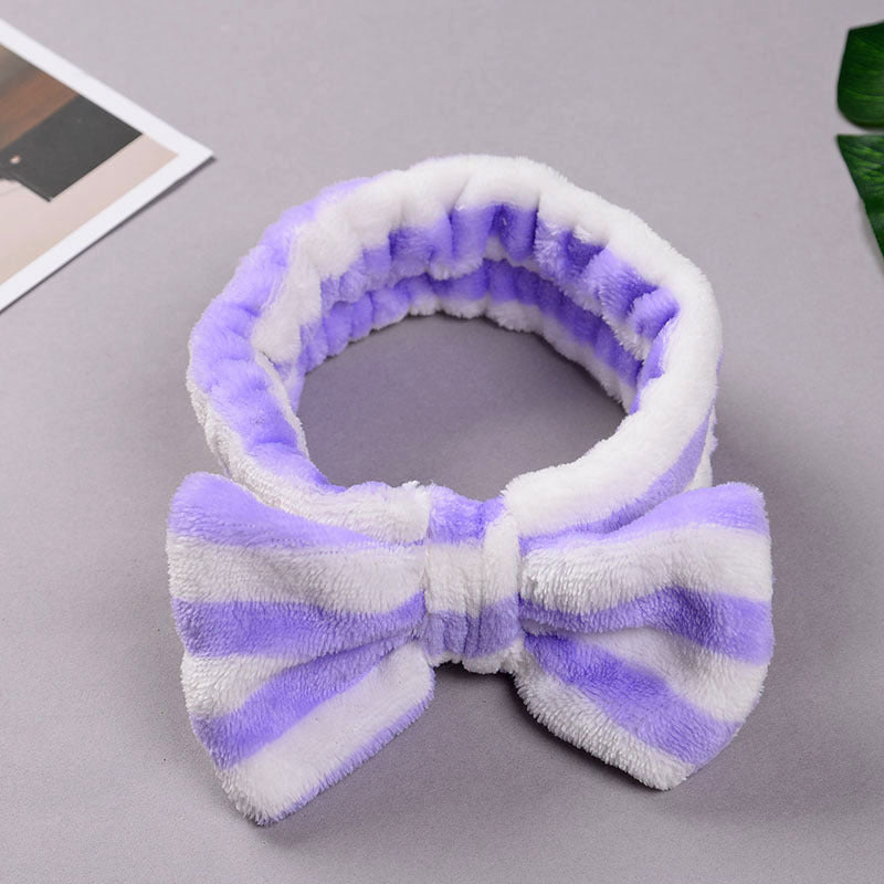 Fleece Striped Headband with Bow for Makeup and Skincare