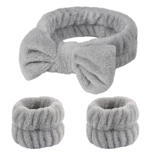 Fmeida Spa Headband and Wristband Set Skincare Headband for Washing Face Grey3 Pack