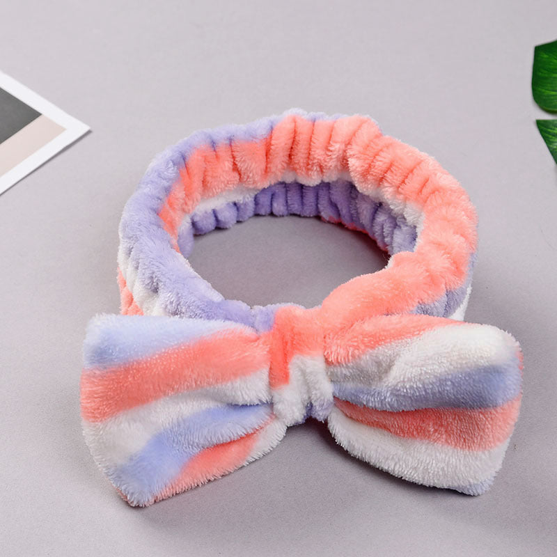 Fleece Striped Headband with Bow for Makeup and Skincare