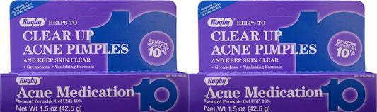 Rugby Acne Medication Benzoyl Peroxide Gel USP 10% - Clear Up Acne Pimples - Greaseless Vanishing Formula - 1.5 Oz (42.5g)