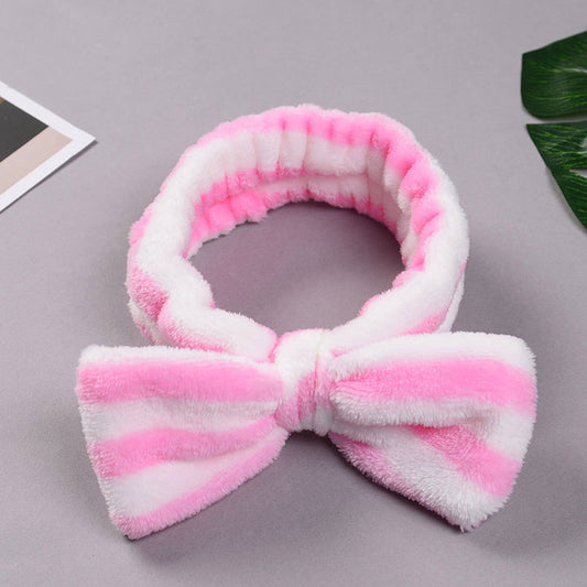 Fleece Striped Headband with Bow for Makeup and Skincare