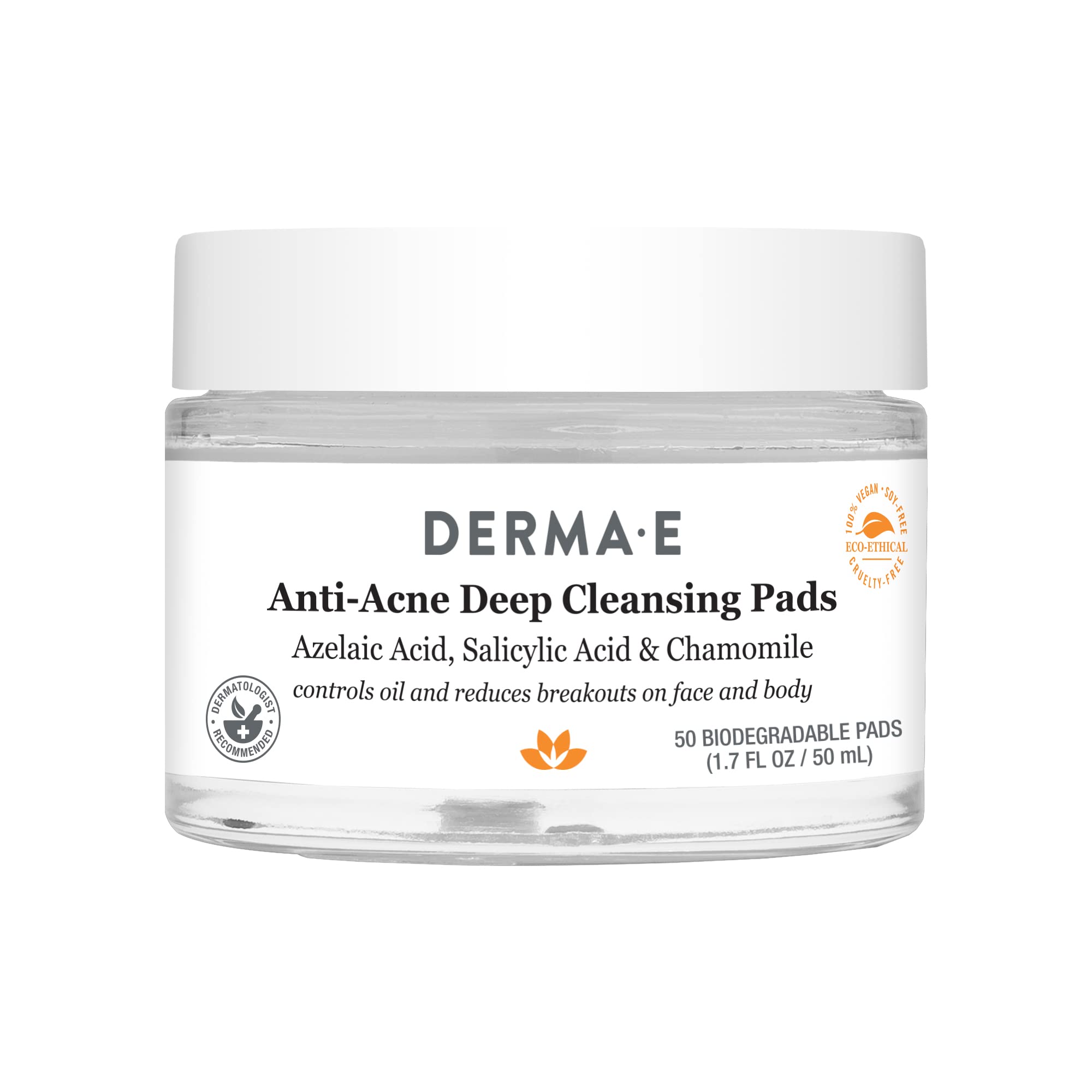 DERMA E Anti-Acne Deep Cleansing Acne Pads 50 Exfoliating Face Wipes with Azelaic Acid Salicylic Acid & Chamomile Acne Treatment for Face & Body Helps Fight Breakouts & Blemishes
