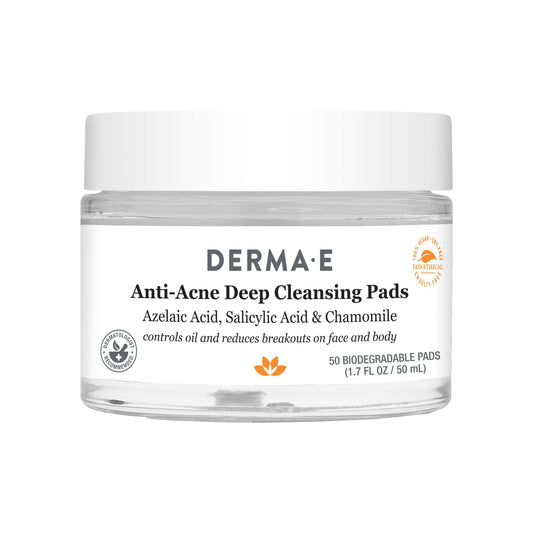 DERMA E Anti-Acne Deep Cleansing Acne Pads 50 Exfoliating Face Wipes with Azelaic Acid Salicylic Acid & Chamomile Acne Treatment for Face & Body Helps Fight Breakouts & Blemishes