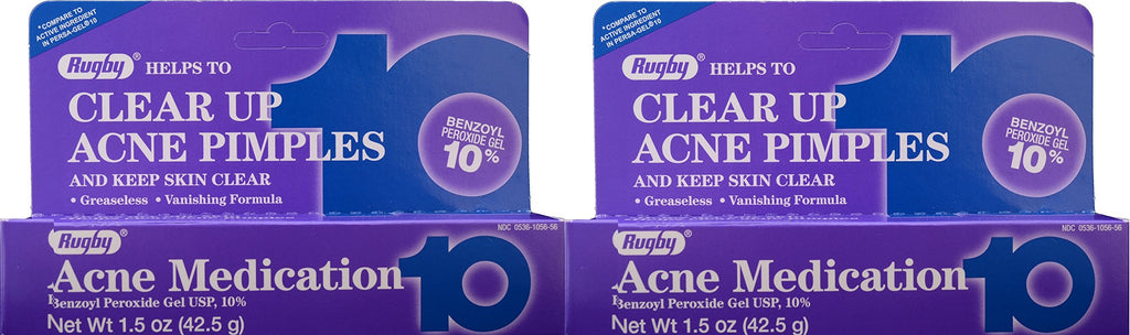 Rugby Acne Medication Benzoyl Peroxide Gel USP 10% - Clear Up Acne Pimples - Greaseless Vanishing Formula - 1.5 Oz (42.5g)