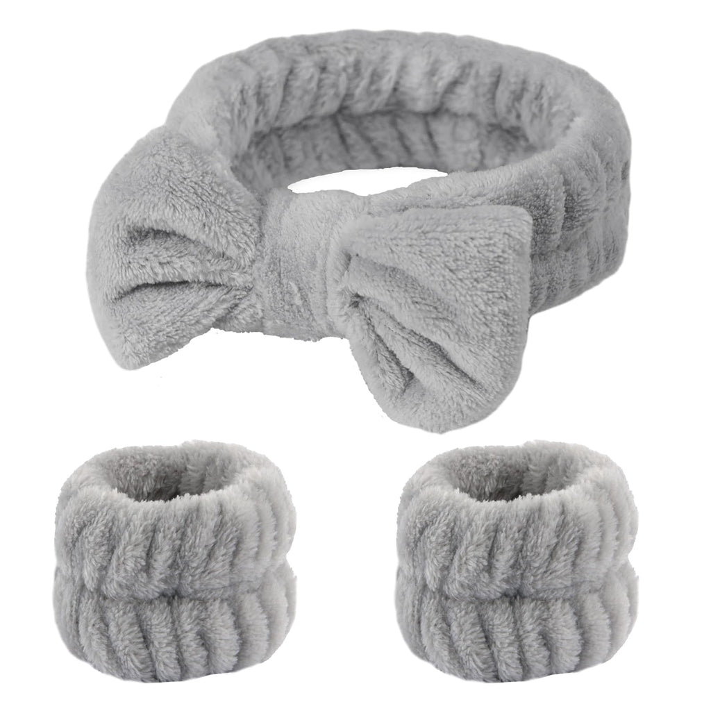 Fmeida Spa Headband and Wristband Set Skincare Headband for Washing Face Grey3 Pack