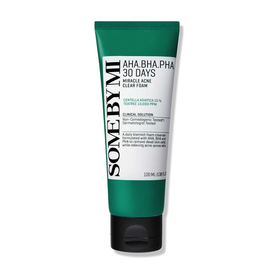 SOME BY MI AHA BHA PHA 30 Days Miracle Acne Clear Foam - 3.38Oz 100ml - Made from Tea Tree Leaf for Acne Prone Skin - Daily Acne Face Wash for Removing Sebum and Dead Cells - Korean Skin Care