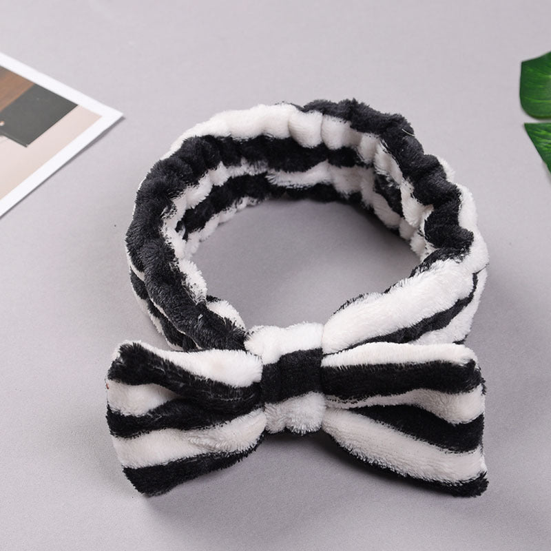 Fleece Striped Headband with Bow for Makeup and Skincare