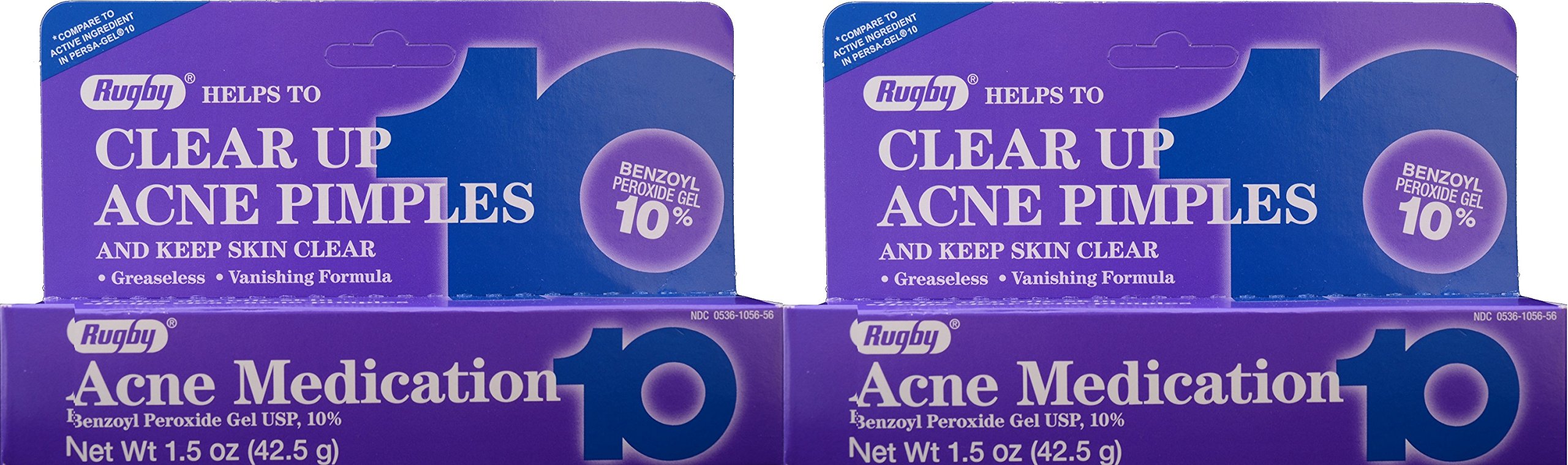 Rugby Acne Medication Benzoyl Peroxide Gel USP 10% - Clear Up Acne Pimples - Greaseless Vanishing Formula - 1.5 Oz (42.5g)